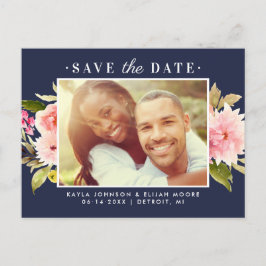Navy Pink Watercolor Blume Foto Save the Date Ankündigungspostkarte