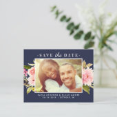 Navy Pink Watercolor Blume Foto Save the Date Ankündigungspostkarte (Stehend Vorderseite)