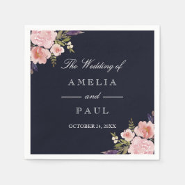 Navy Pink Watercolor Peonies Wedkin Napkin Serviette