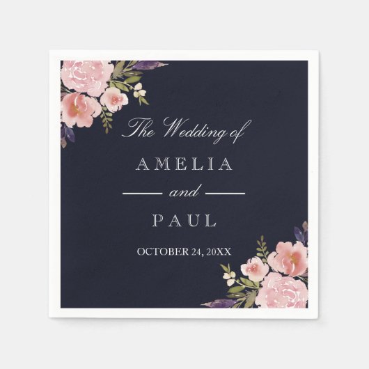 Navy Pink Watercolor Peonies Wedkin Napkin Serviette (Vorderseite)