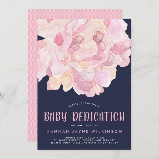 Navy & Pink Watercolor Peony Baby Dedication Einladung (Vorne/Hinten)
