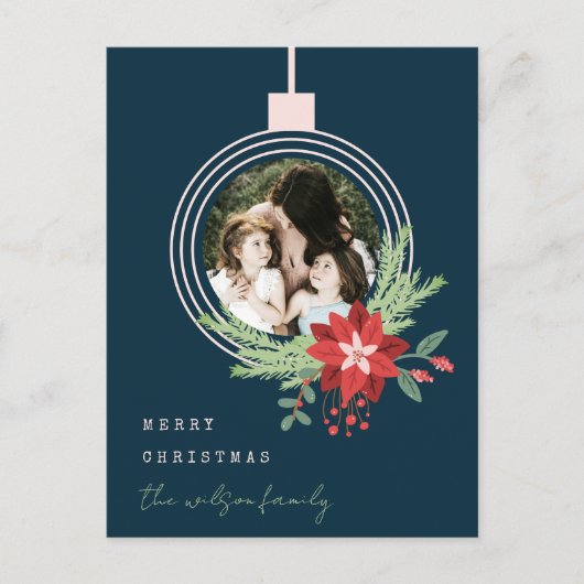 Navy Pink Weihnachtsschmuck Foto Poinsettia Feiertagspostkarte (Vorderseite)