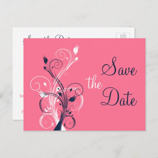 Navy Pink White Floral Save the Date Post Card Ankündigungspostkarte (Vorne/Hinten)