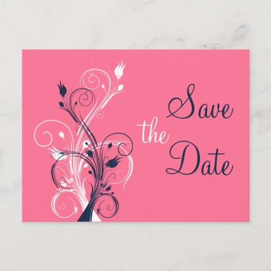 Navy Pink White Floral Save the Date Post Card Ankündigungspostkarte (Vorderseite)