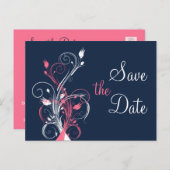 Navy Pink White Floral Save the Date Post Card Ankündigungspostkarte (Vorne/Hinten)