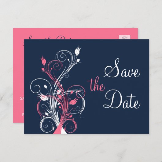 Navy Pink White Floral Save the Date Post Card Ankündigungspostkarte (Vorne/Hinten)