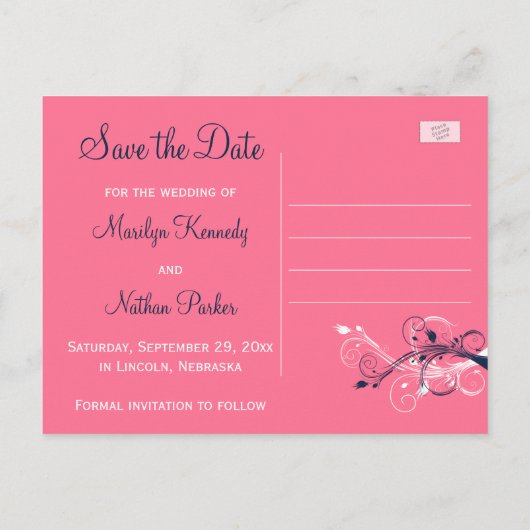Navy Pink White Floral Save the Date Post Card Ankündigungspostkarte (Rückseite)