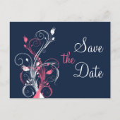Navy Pink White Floral Save the Date Post Card Ankündigungspostkarte (Vorderseite)