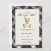 Navy Plaid Teddy Bear Baby Shower Einladung (Vorderseite)