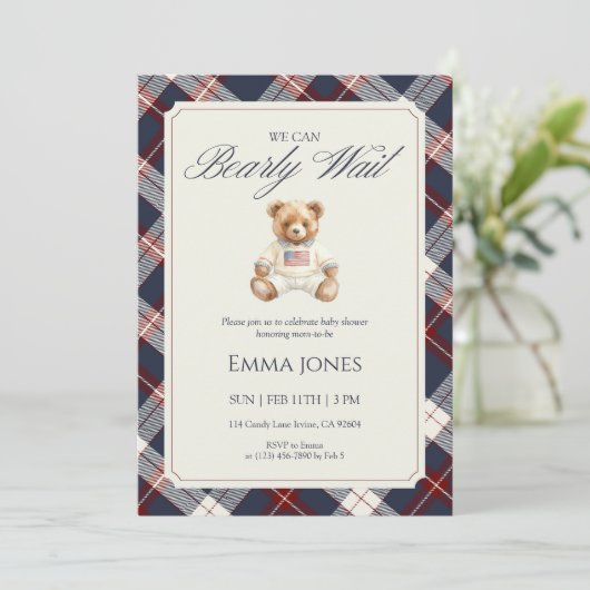 Navy Plaid Teddy Bear Baby Shower Einladung (Stehend Vorderseite)