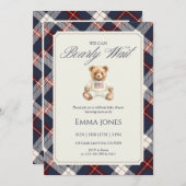 Navy Plaid Teddy Bear Baby Shower Einladung (Vorne/Hinten)