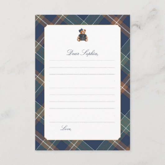 Navy Plaid Teddy Bear Girl Time Capsule Card Einladung (Vorderseite)