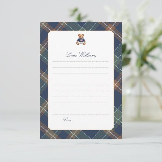 Navy Plaid Teddy Bear Time Capsule Card Einladung (Stehend Vorderseite)