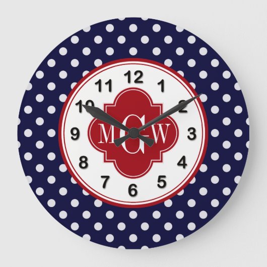 Navy Polka Dot Cranberry Quatrefolie 3 Monogramm Große Wanduhr (Vorderseite)