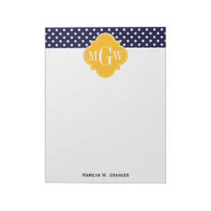 Navy Polka Dot Goldenrod Quatrefoil 3 Monogramm Notizblock