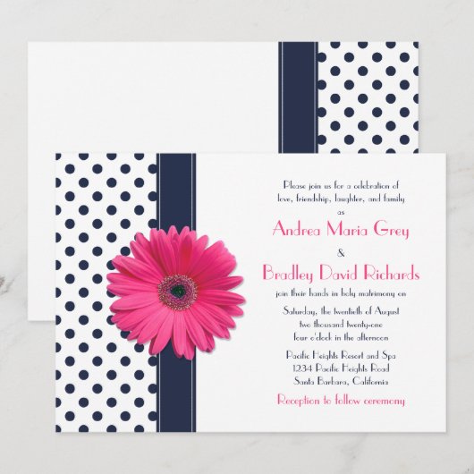 Navy Polka Dot Pink Daisy Wedding Einladung (Vorne/Hinten)