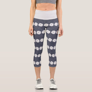 Navy Polka Dots & Big White Blume Capri Leggings