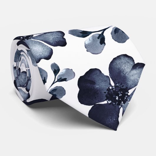 Navy Poppy Dusty Blue Greenerity Wasserfarbenhochz Krawatte (Gerollt)