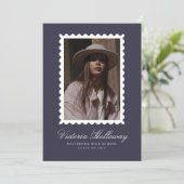 Navy Postage Stamp photo Graduation Announcement Einladung (Stehend Vorderseite)