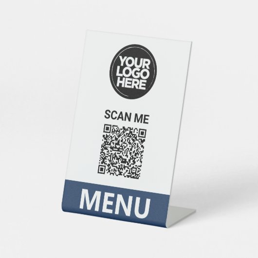Navy QR Code Menu | Logo Contactless Modern Sockelschild (Vorderseite)