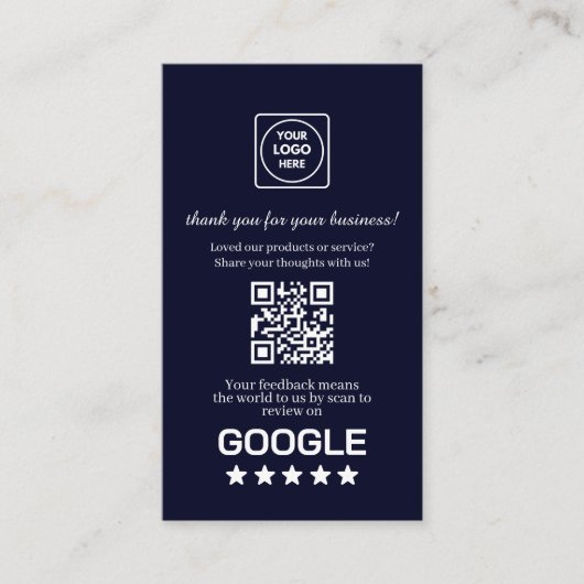 Navy QR | Google Reviews Benutzerdefinierter Danke Visitenkarte (Vorderseite)