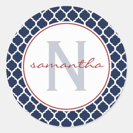Navy Quatrefoil Monogramm Runder Aufkleber (Vorderseite)