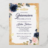 Navy Quinceanera Floral Gold Sparkle Tiara Folieneinladung (Vorderseite)