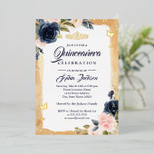 Navy Quinceanera Floral Gold Sparkle Tiara Folieneinladung (Stehend vorne)