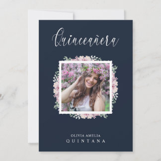 Navy Quinceañera Pink Trendy Garland Foto Spanisch Einladung