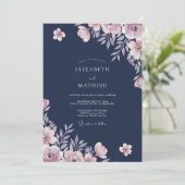 Navy Ranunculus Eukalyptus Hochzeit Einladung (Stehend Vorderseite)