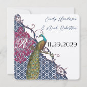 Navy & Raspberry Peacock Damask Save the Date Einladung (Vorderseite)