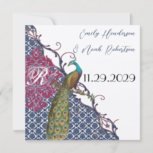 Navy & Raspberry Peacock Damask Save the Date Einladung (Vorderseite)