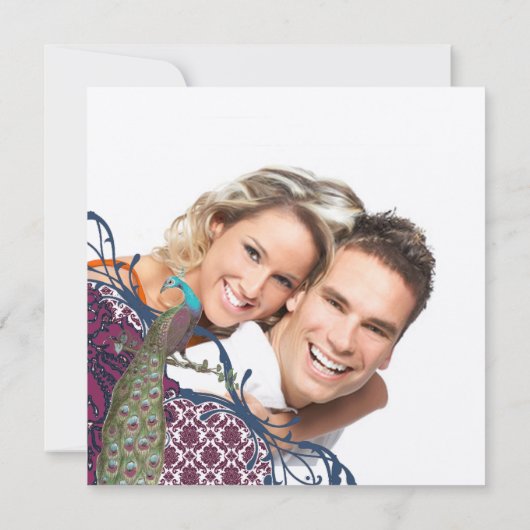 Navy & Raspberry Peacock Damask Save the Date Einladung (Rückseite)