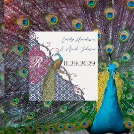 Navy & Raspberry Peacock Damask Save the Date Einladung