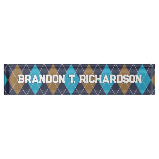 Navy Raute Golfer Pattern & Blau / Camel Custom Namensplakette (Vorderseite)