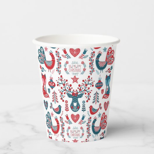 Navy & Red Christmas Scandinavian Folk Art Design Pappbecher (Vorderseite)