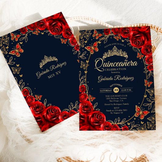 Navy Red Gold Quinceanera Einladung