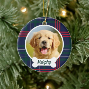 Navy Red Green Tartan Kariertes Custom Dog Foto Keramik Ornament