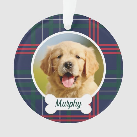 Navy Red Green Tartan Pläd Custom Dog Foto Ornament (Vorderseite)