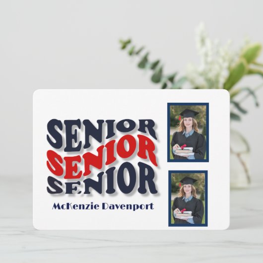 Navy Red Groovy Senior 2 Foto Collage Abschluss Einladung (Stehend Vorderseite)