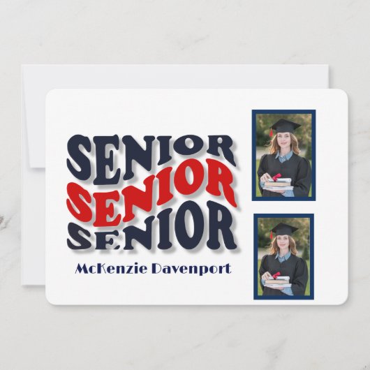 Navy Red Groovy Senior 2 Foto Collage Abschluss Einladung (Vorderseite)