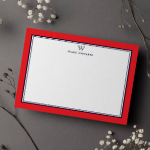 NAVY & RED Klassisches Monogramm Doppelrahmen Mitteilungskarte