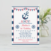 Navy & Red Nautical Anchor 1. Geburtstag Einladung (Stehend Vorderseite)
