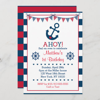 Navy & Red Nautical Anchor 1. Geburtstag Einladung