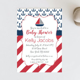 Navy Red Nautical Sailboat Kinderdusche Einladung