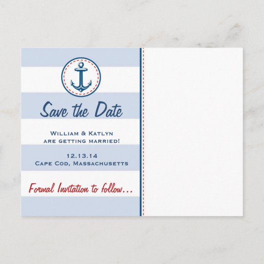 Navy/Red Nautical Theme Save the Date Postcard Ankündigungspostkarte (Rückseite)