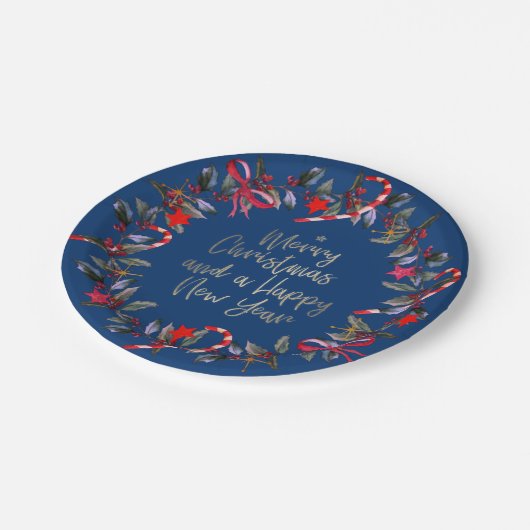 Navy Red Omela Weihnachtskranz Pappteller (Schrägansicht)