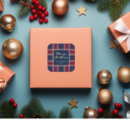 Navy Red Tartan Kariert Moderne Elegante Minimalis Quadratischer Aufkleber