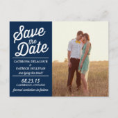 Navy Retro Script Foto Save the Date Postcard Ankündigungspostkarte (Vorderseite)