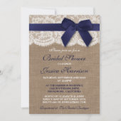 Navy Ribbon on Burlap & Lace Brautparty Einladung (Vorderseite)